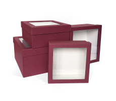 Квадратная коробка ЛЕН с окном теснение бумага бордо